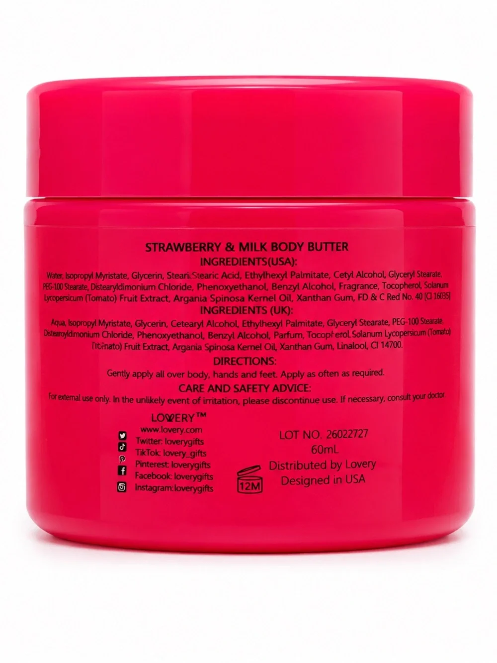 LOVERY Strawberry & Milk Body Butter Vitamin E & Jojoba Oil 60 mL (2.0 fl oz)